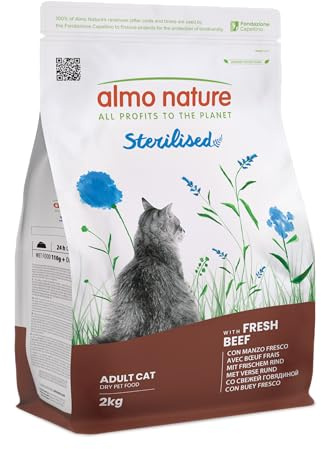 Almo Nature Sterilised - Kibble for Sterilised Cats with Fresh Beef - Low in Magnesium and with Fibres for Weight Control - 2kg Bag