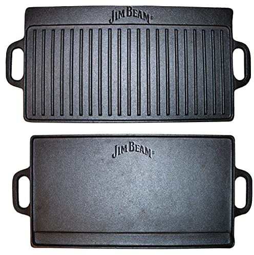 Jim Beam Pre Seasoned Heavy Duty Construction Double Sided Cast Iron Griddle Pan with Superior Heat Retention, 20x1x9, Black (JB0168)