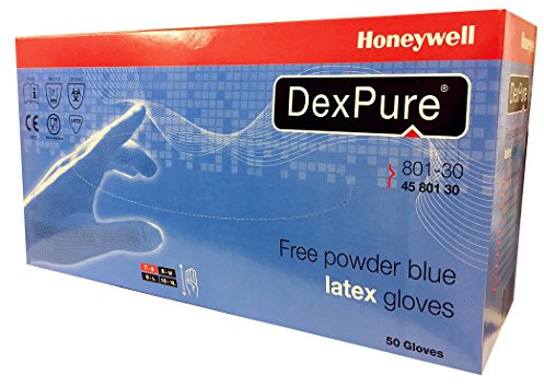 Honeywell DEXPure 801-30 Guantes desechables de látex protectores químicos sin polvo, certificados para contacto con alimentos, 30 cm , azul, talla 9, 4580130-09 (CAJA de 50 guantes)