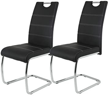 Hela Tische 2er Set Schwingstuhl, Küchenstuhl Flora, Kunstleder Schwarz, Griffmulde, Metallgestell verchromt, 42x57x98 cm