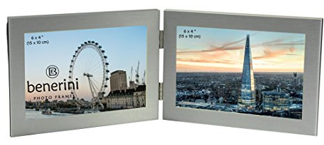 benerini Brushed Aluminium Satin Silver Colour - Twin 2 Picture Horizontal Double Folding Photo Frame - Takes 2 Photos of 6 x 4 inches (15 x 10 cm) (Landscape Style)