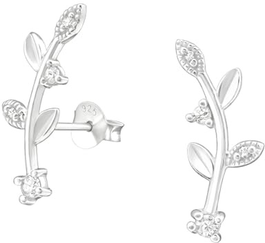 Monkimau Damen Ohrringe Blatt Strauch Ohrstecker aus 925 Sterling Silver echt Silber mit 8 Kristallen