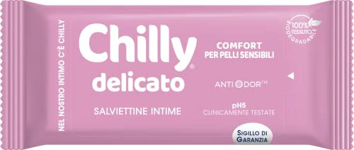 Chilly Salviettine Delicate, Salviette per l'Igiene Intima, Azione Delicata, Tessuto 100 % Biodegradabile, Ottimi Fuori Casa, PH 5 Delicato, Clinicamente Testato, 1 Confezione da 12 Salviettine