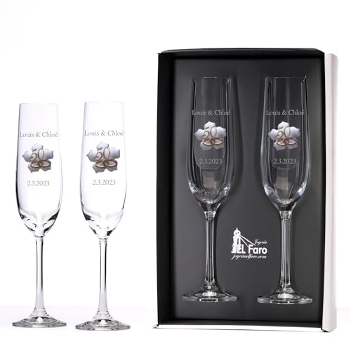 JOYERIA EL FARO Copas de Champán Personalizadas para Bodas de Oro – Juego de 2 Copas con Chapita Dorada en Forma de Hoja – Estuche Premium de Joyería – Regalo 50 Aniversario de Casados