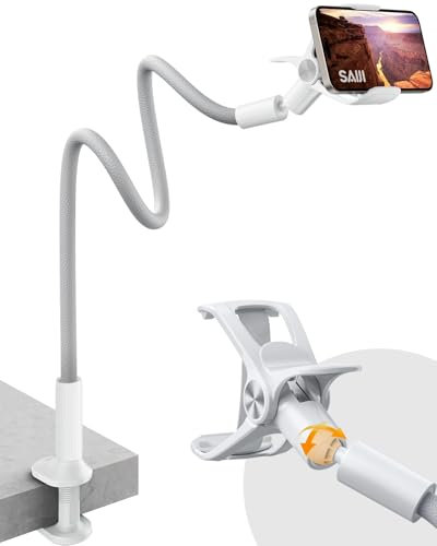 SAIJI Supporto Telefono a collo oca, Braccio Flessibile da 95 cm, Pelle PU, Stabile e Durevole, Rotazione regolabile a 360° per iPhone 13 Pro Max, 12 Mini, 12 Pro Max, HUAWEI, Samsung Grigio