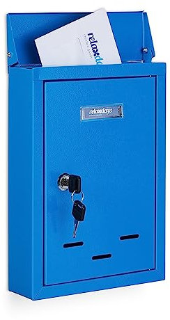 Relaxdays Cassetta della Posta con Targhetta, Metallo, 2 Chiavi, Casella Postale, Buca Lettere 30,5x21x7 cm, Blu