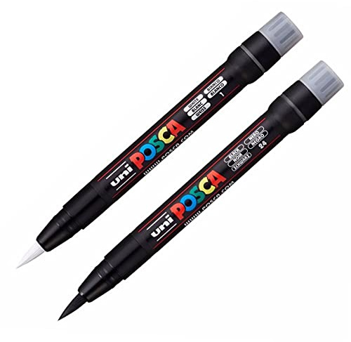 Posca Uni PCF-350 Brush Tipped Paint Marker Art Pen - Fabric Glass Metal Pen - Black and White Set