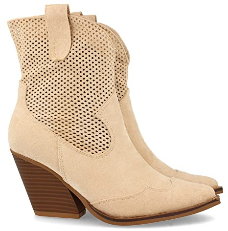 shoes&blues.es 62672-Botin de Tacon para Mujer, Comodo, con Calados en Cana, Punta Fina, y Cierre de Cremallera, Primavera Verano 2022. Talla 36 Beige