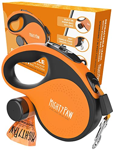 Mighty Paw Laisse rétractable avec support de sac à déjections canines intégré | Laisse rétractable de 4,8 m de long pour chiens de petite, moyenne et grande taille avec ruban adhésif pour un contrôle