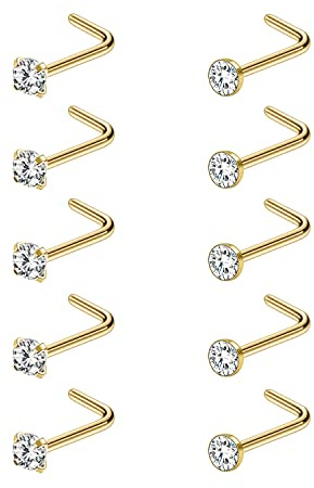 AccGin 6-10Pcs 18G 20G Nose Ring Surgical Steel Nose Rings Studs Piercing For Women Men 1.5mm 2mm 2.5mm 3mm Round Diamond CZ L Shaped Corkscrew Gold Black Silver Nose Piercing Hypoallergenic