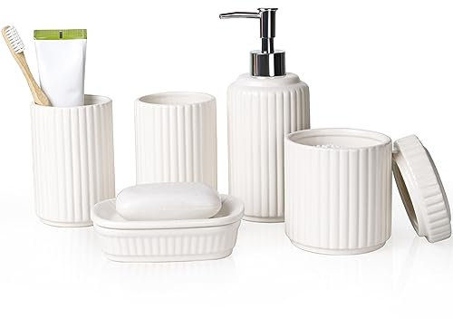 NOVAJOY Ensemble de salle de bain en céramique 5 pièces avec distributeur de savon, porte-savon, porte-brosse à dents, boîte à cotons-tiges, beige et blanc