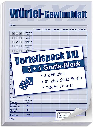 RNKVERLAG - Würfel-Gewinnblatt Vorteilspack XXL DIN A5, 4 Blöcke, je 85 Blatt für über 2000 Spiele, Blau, Weiß
