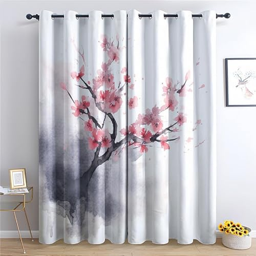 Rideau Occultant Fleur de Cerisier, Rideau Isolant Thermique pour Salon Chambre, Rideaux Motif Fleur Rose Japonais, Rideau Opaque à Oeillets, Lot de 2 Rideaux et Draperies Intérieurs 140x200 cm (LxH)