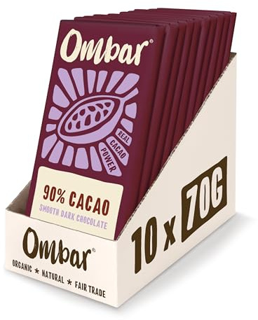Vegan Chocolate - Ombar 90% Dark Chocolate (70g x 10 Bars) Organic Fair Trade, Dairy and Gluten Free Chocolate