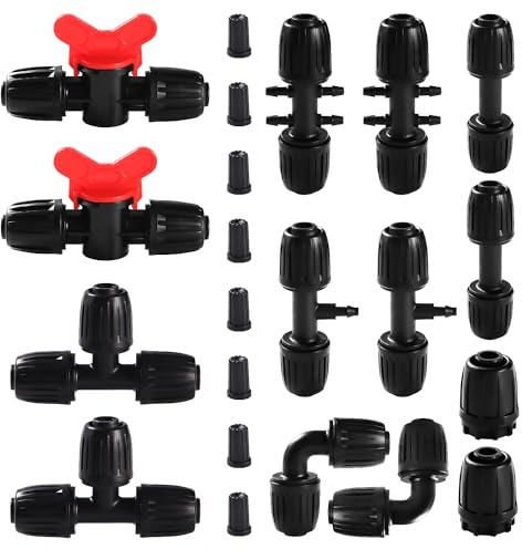 VooGenzek 22 ST Droppbevattningsbeslag för 13/16 mm till 4/7 mm Slangar, Droppbevattning med Hullingförsedda Kopplingar för Trädgård, Gräsmatta, med Kopplingsventil, Tees, Armbåge, Ändplugg, Svart