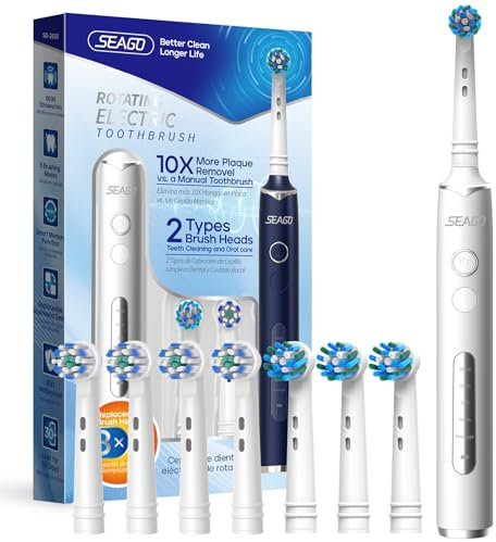 Seago brosse à dent électrique, brosse à dents rotative avec 2 boutons, 5 modes avec 8 têtes, minuterie intelligente, 2 types de têtes rondes, SG2603, Blanc