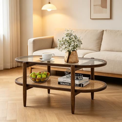 COSTWAY Table Basse Bois, Table Basse Salon en Verre, Cadre en Bois Courbé, Design Cannage en Rotin PE, Table de Salon Organique, Ovale, 90x50x45cm (Marron)