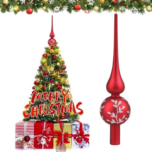 Hukermoon Puntale per Albero di Natale, Cima Albero di Natale 26 cm, Puntale Vetro Albero di Natale, Punta Albero di Natale, Christmas Tree Topper per Decorazione Albero di Natale (Rosso Opaco)