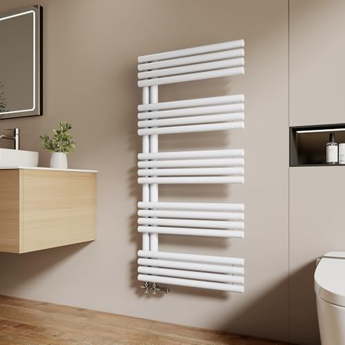 EMKE Design Rundrohr Badheizkörper 1265x600 mm, Handtuchheizkörper mit Seitenanschluss, Handtuchtrockner & Handtuch Heizkörper Bad in Weiß 776W