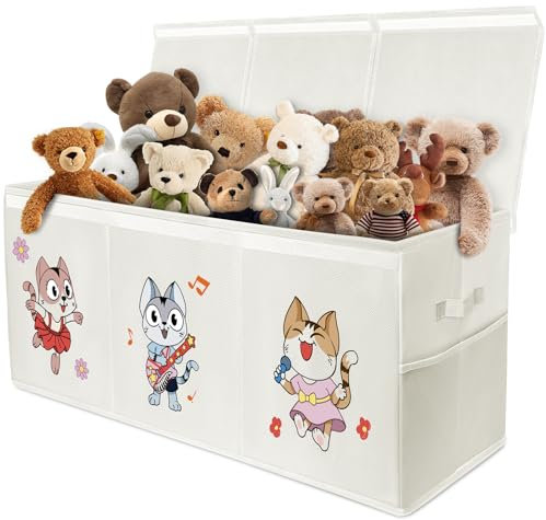 VERONLY Extra Large Toy Box Storage for Boys Girls Collapsible Toy Chest Organiser with Lid,Toy Chest Bin Container with 2 Mesh Pockets and Handles,96x34x39cm(Beige)