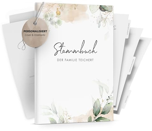 DeinWeddingshop Stammbuch der Familie - Familienstammbuch Hochzeit Standesamt - Greenery Glitter - Hardcover (16x21cm, PERSONALISIERT)