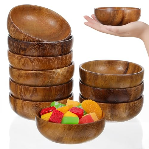 JIEYAO Lot de 10 petits bols en bois d'acacia sculptés à la main pour servir du popcorn, des pâtes, des bonbons, des noix de coco, des sauces et des apéritifs de 10,2 cm