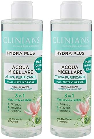 CLINIANS | Agua Micelar Desmaquillante Purificante Hydra Plus Active, Dermatológicamente Testado, Limpia Suavemente, Made in Italy, 400 ml (Paquete de 2)