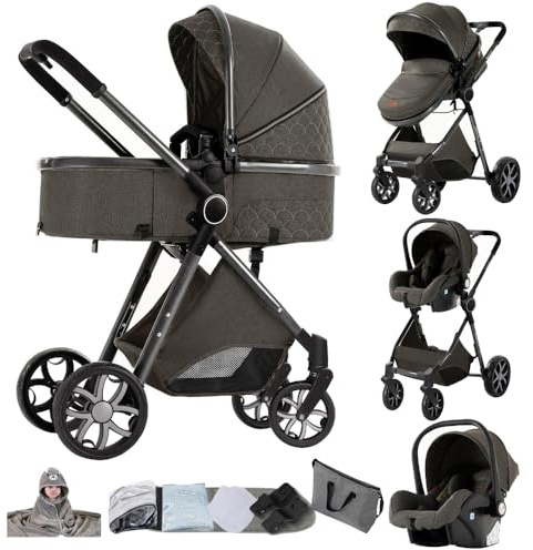 Passeggino 3 in 1 Reversibile in Alluminio con Seggiolino Auto | Colore grigio scuro, culla alta e tettuccio regolabile, resistente e funzionale