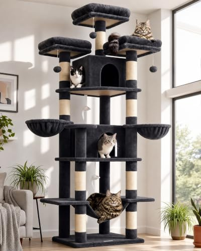 Globlazer Arbol Gato XXL para 3-5 Gatos, Arbol Gato Alto 204 cm con 3 Perchas Acolchadas, 2 Nidos, 2 Cesta, Hamaca, Árbol Rascador para Múltiple Gatos Descansar Jugar Interior (F80, Gris Oscuro)