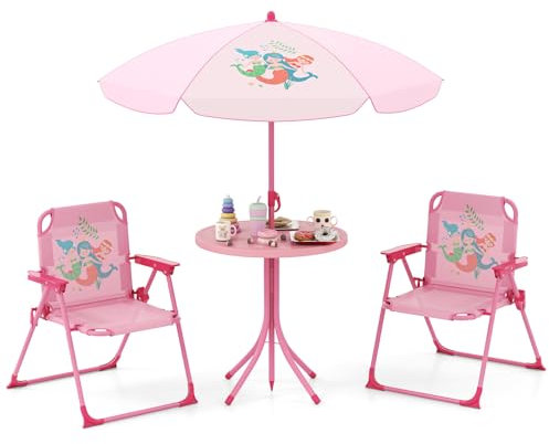 GOPLUS 4 TLG. Kindersitzgruppe Garten, Gartentisch mit 2 Klappstühle & mit höhenverstellbarem Sonnenschirm, Gartengarnitur Kinder Camping Kindersitzgarnitur für 3-6 Jahre Kinder (Rosa)
