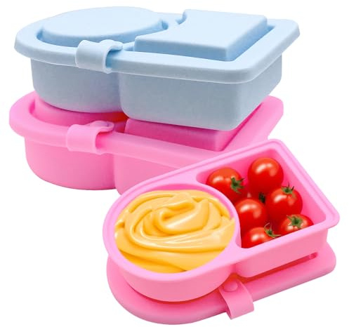 2 recipientes de silicona reutilizables de doble compartimento con tapas, recipientes para aderezos de ensalada, condimentos, para viajes, oficina, picnic, cajas de almacenamiento de alimentos, azul y