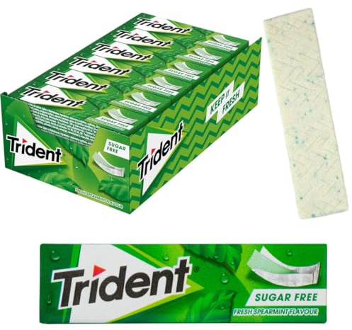 iChuches- Chicle sin azúcar de larga duración Trident. Refrescante, sin calorías, ideal para el aliento (24 und, lámina hierbabuena)