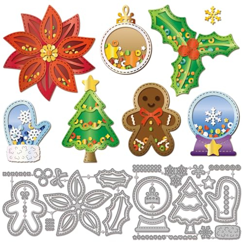 GLOBLELAND Troqueles De Corte De Metal Para Poinsettia De Invierno Bolas De Cristal Troqueles De Metal Modelos De Relieve De Árbol De Navidad Para Scrapbooking Y Fabricación De Tarjetas De Papel