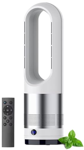 Hot and Cool Bladeless Tower Fan with Remote, 18 Inch Oscillating Air Circulator with 8 Speeds & Timer, Air Purifier Fan for Home, Office, Bedroom, Gray gray