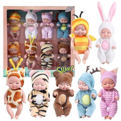 Gcroet Mini-Babypuppen, 8 Stück, 10, 9 cm (4, 3 Zoll), kleine Babypuppe, bewegliche realistische Puppe mit Tierkleidung, niedlich für Kleinkinder, Mädchen, Kinder ab 3 Jahren, Geburtstagsgeschenke