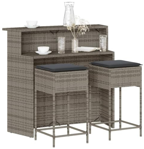 QJBSAVVA 3-TLG. Gartenbar-Set grau Poly Rattan 120x55x110 cm mit 2 Barhocker 40x40x76 cm Lounge Tischgruppe platzsparend für Balkon Terrasse und Garten