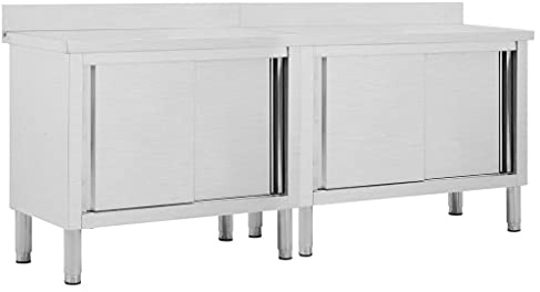 Mokuyary Arbetsskåp med skjutdörrar 2 stycken 200 x 50 x (95–97) cm rostfritt stål gastronomibord, professionellt arbetsbord livsmedelsberedning köksbord för restaurang kök hus hotell