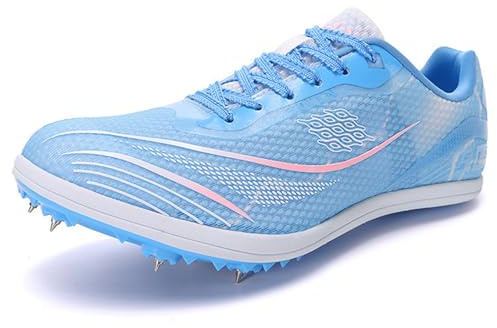 TvzsiY Zapatillas de Atletismo para Hombre con Clavos, Zapatos de Saltos Y Velocidad Transpirables Ligeras, amortiguación con Placa de Carbono,Light Moon Pink,43 EU