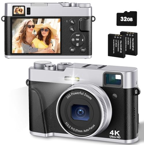 CAMKORY Fotocamera digitale 4K, 48 MP, messa a fuoco automatica con mirino ottico, zoom 16x