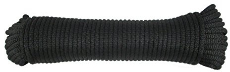 QNR 3/16 Black Polyester Rope, Solid Braid Dacron Utility Rope, 100 ft Length, Low Stretch UV Resistant Industrial Cord