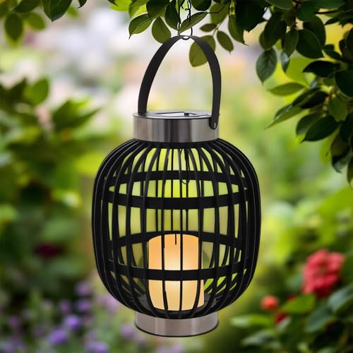 Spetebo Solar Laterne zum hängen 30cm - Garten Rattan Deko Leuchte mit LED Kerze schwarz
