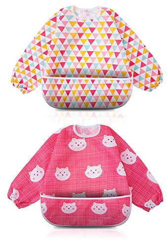 Little Dimsum Lätzchen Baby Lätzchen mit Ärmeln, Lätzchen Wasserdicht Abwaschbar Ärmellätzchen, Baby Bibs Set für Kleinkinder mit Großer Tasche (6-36 Monate) - 2er-Pack