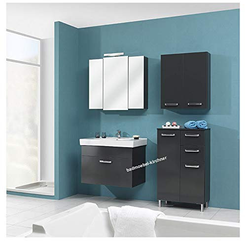 Pelipal - Mainz 12 - Badmöbel-Set - 80 cm - Badset einfach, Komplettset, 5-teilig mit Spiegelschrank, Keramik-Waschtisch usw. in Anthrazit Glanz