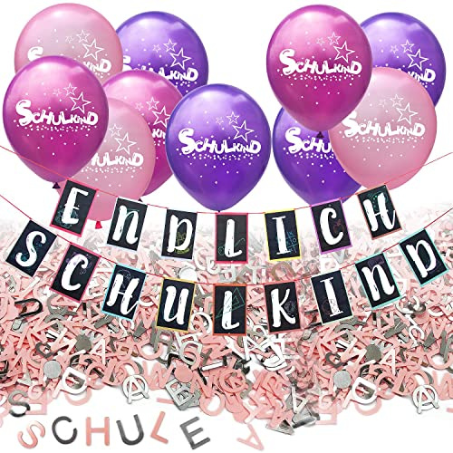Oblique Unique® Schuleinführung Schulanfang Einschulung Deko Set für Mädchen - Endlich Schulkind Girlande + Luftballon Set + Buchstaben Konfetti Set