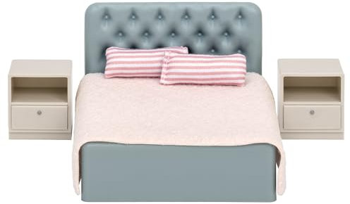 Lundby Schlafzimmer Puppenhaus - Möbelset 6-teilig - Puppenhauszubehör - Möbel - Schlafzimmerset - Doppelbett - Bett - Bettwäsche - Zubehör - ab 3 Jahre - Minipuppen 1:18
