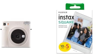 Instax SQUARE SQ1 instant film camera, Automatic exposure and Built-in selfie lens, Chalk White & SQUARE instant Film 50 shot pack, white Border, suitable for all SQUARE cameras and printers