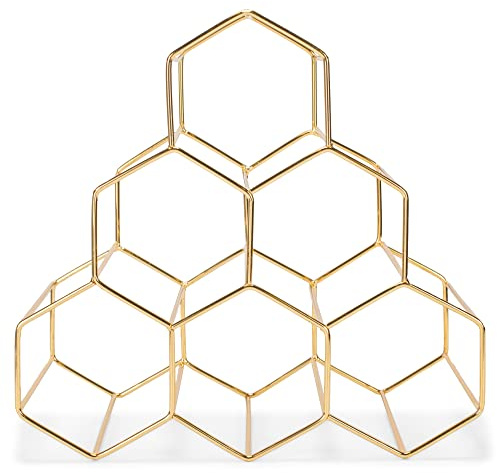 NAT & Jules Honeycomb Gold Tone Iron Metal Tabletop Wine Rack - Perfect for Kitchen Countertop, Pantry or Cabinets Display or Storage - Hold 6 Bottles, Gold Tone