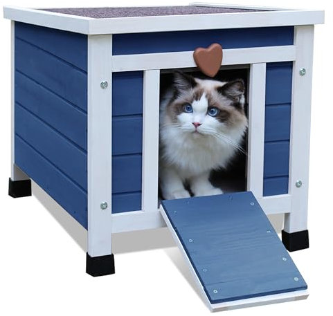 HiCaptain Katzenhaus Outdoor Katzenhaus für Draussen - Katzenhaus aus Holz Outdoor - Perfekt für Welpen, Kaninchen Haus - Einfach Aufzustellen - 52cm x 42cm x 43cm，Blau