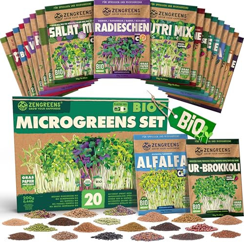 ZenGreens® - Bio Sprossensamen im 20er Set - Keimsprossensamen - leichte Zucht im Sprossenglas oder Anzuchtschale - Großpaket - 20 verschiedene Sorten - Microgreens Samen Mix - 20er Set