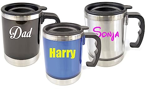 Personalised Custom Travel Mug Drink Bottle Stainless Steel Interior with Plastic Lid and Sipper - Any Name, Word, Business, Sports, School, Promotional Merchandise Teacher Gift